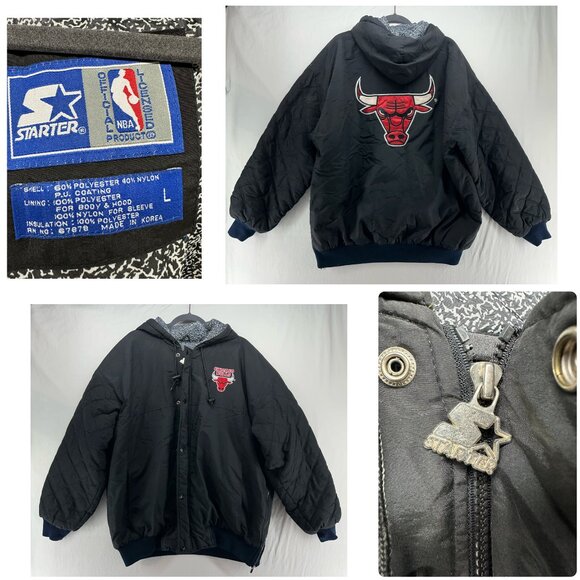 Vintage 90s NBA Chicago Bulls Starter Hooded Jacket Dual Bull Head Logo L